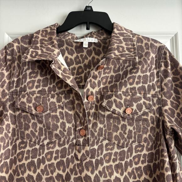 Karlie Leopard Denim Pocket Mini Dress Sz L Animal Print Short Sleeve Pullover - Picture 7 of 10